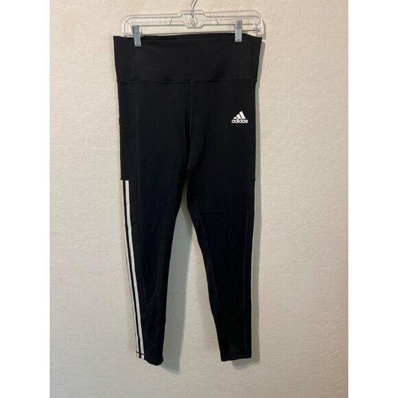 Adidas Women Legging Sz Large Black White Stripe Ankle Aeroready - Picture 1 of 8